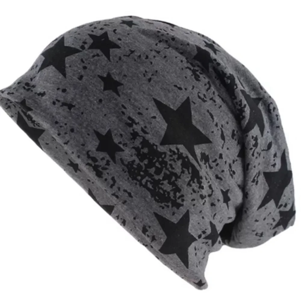 NEW Beanie Cap Dark Gray Graphic Black Stars Slouchy Skull Caps Headwear